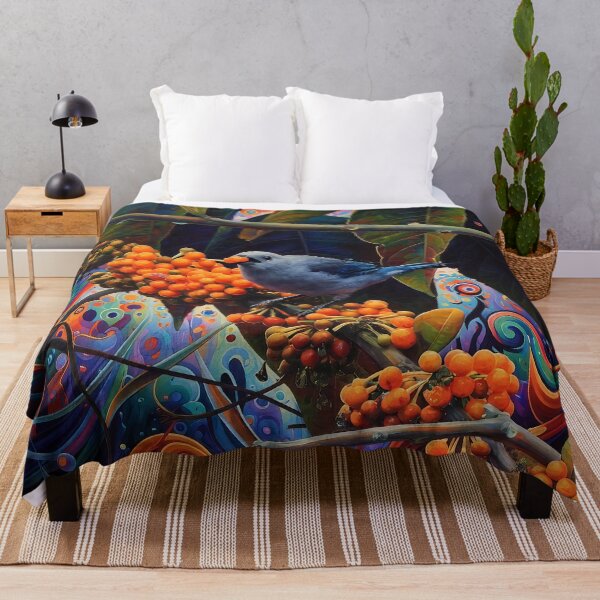 Item preview, Blue Tanager Bird Eating Orange Berries designed and sold by WildLedger.