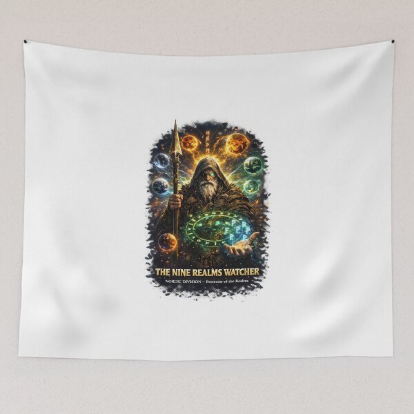 Item preview, The Nine Realms Watcher Norse Wizard Yggdrasil Viking Fantasy T-Shirt designed and sold by Bizon2910.