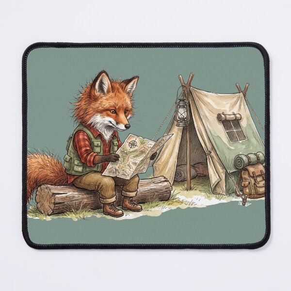 Item preview, Cute Watercolor Red Fox Looking at Map Camping Tent Art designed and sold by BreezifyDesignStudio.