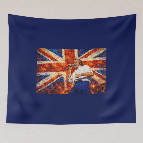 Aperçu de l'œuvre Tableau de Phil Collins chantant devant le drapeau britannique créée et vendue par Halifaxartguy.