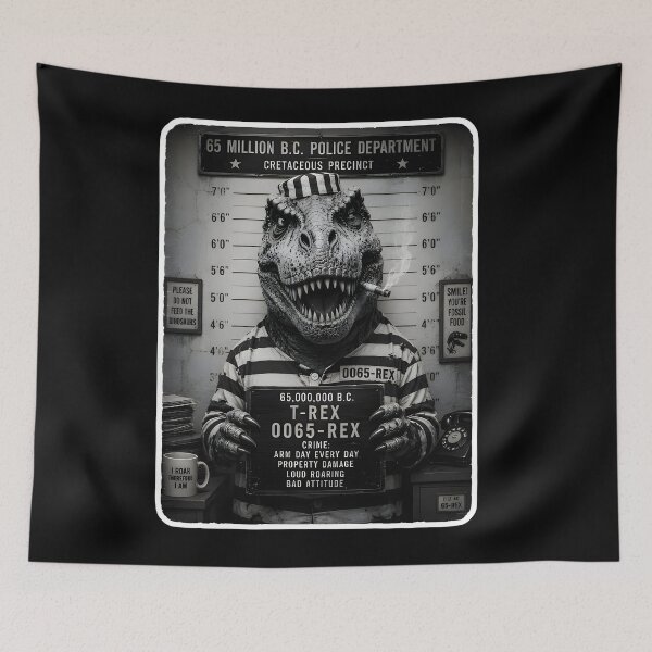 Item preview, Funny T-Rex Mugshot Police Lineup Poster | Dinosaur Prisoner Parody Sticker Art designed and sold by PreeCha Art & Co..