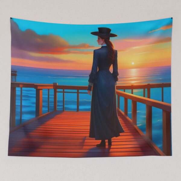 Item preview, Victorian Elegance Woman on Wooden Pier at Sunset Ocean designed and sold by UmSkelig834.