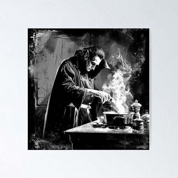 Item preview, Gothic Monster Chef Cooking – Black and White Horror Kitchen Art designed and sold by inkoutninja.