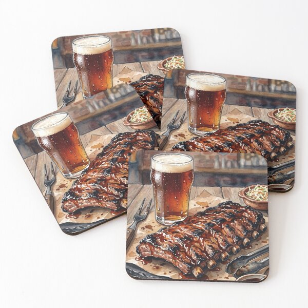 Item preview, Sizzling BBQ Pork Ribs and Draft Beer Watercolor designed and sold by Itjung-Room.
