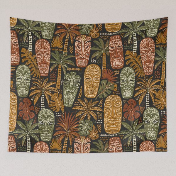 Item preview, Tropical Tiki Mask Jungle Pattern Polynesian Island Tapestry designed and sold by FestivityFinds.