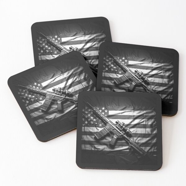Item preview, American Flag and Tactical Rifle – Black and White Patriotic Firearm Art designed and sold by inkoutninja.
