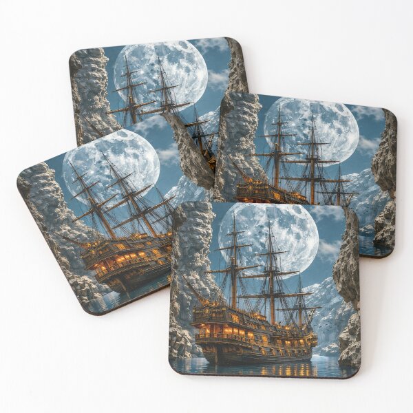 Item preview, Moonlit Pirate Ship in Mountain Canyon – Fantasy Nautical Adventure Print designed and sold by Kaleidoscope Print.
