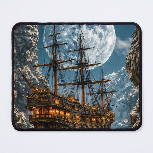Item preview, Moonlit Pirate Ship in Mountain Canyon – Fantasy Nautical Adventure Print designed and sold by Kaleidoscope Print.