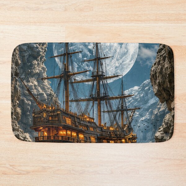 Item preview, Moonlit Pirate Ship in Mountain Canyon – Fantasy Nautical Adventure Print designed and sold by Kaleidoscope Print.