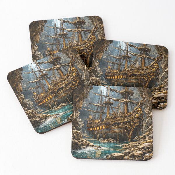 Item preview, Haunted Pirate Ship in Skull Cave – Dark Fantasy Nautical Adventure Print designed and sold by Kaleidoscope Print.