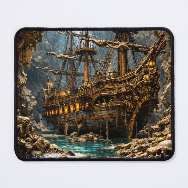 Item preview, Haunted Pirate Ship in Skull Cave – Dark Fantasy Nautical Adventure Print designed and sold by Kaleidoscope Print.