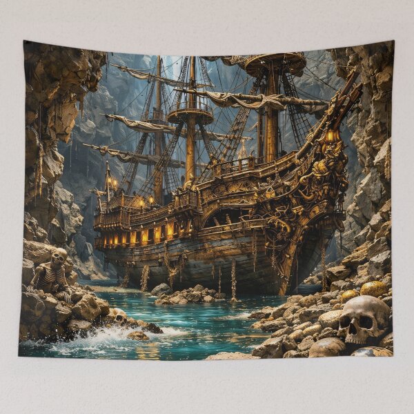 Item preview, Haunted Pirate Ship in Skull Cave – Dark Fantasy Nautical Adventure Print designed and sold by Kaleidoscope Print.