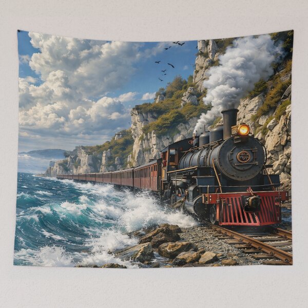 Item preview, Vintage Steam Train by the Sea – Coastal Railway Adventure Print designed and sold by Kaleidoscope Print.