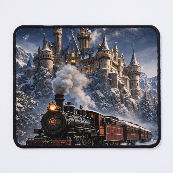 Item preview, Winter Steam Train and Castle – Magical Snowy Mountain Railway Print designed and sold by Kaleidoscope Print.