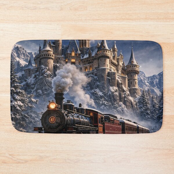 Item preview, Winter Steam Train and Castle – Magical Snowy Mountain Railway Print designed and sold by Kaleidoscope Print.