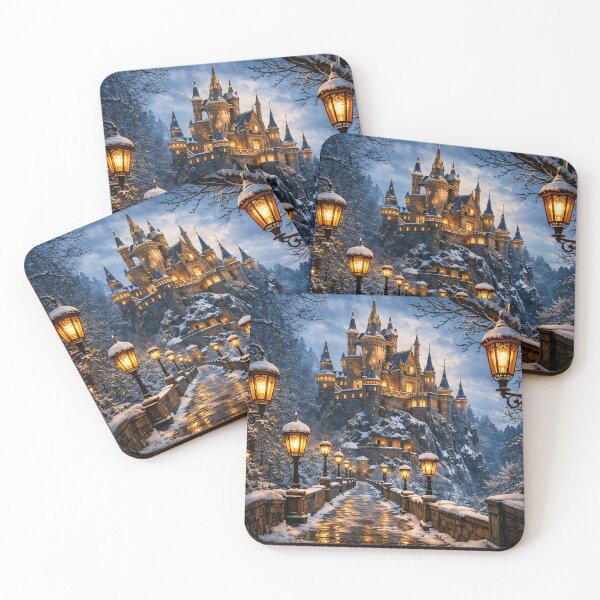 Item preview, Snowy Fantasy Castle Bridge – Magical Winter Fairytale Print designed and sold by Kaleidoscope Print.