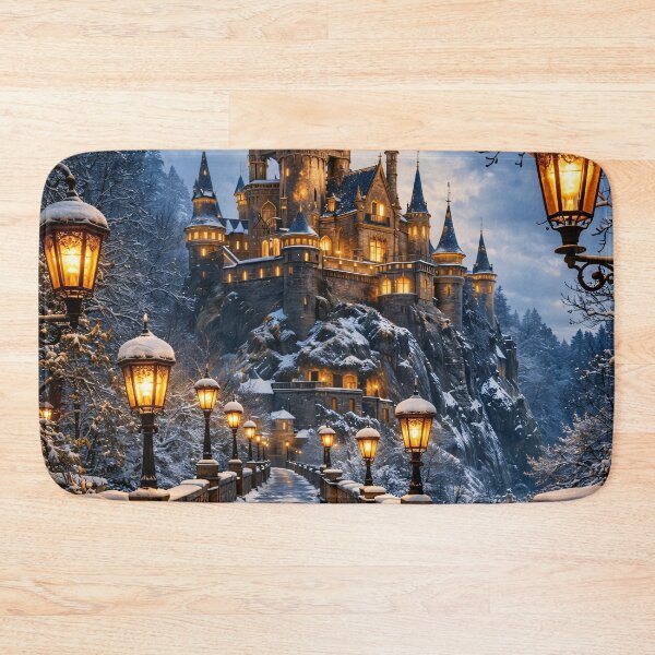 Item preview, Snowy Fantasy Castle Bridge – Magical Winter Fairytale Print designed and sold by Kaleidoscope Print.