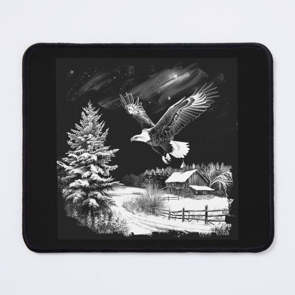 Item preview, Bald Eagle Flying Over a Snowy Farm – Black and White Winter Wildlife Art designed and sold by inkoutninja.