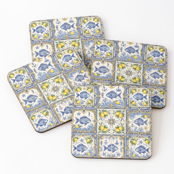 Item preview, Mediterranean Coastal Tile Fish & Lemon Pattern Throw Pillow designed and sold by FestivityFinds.