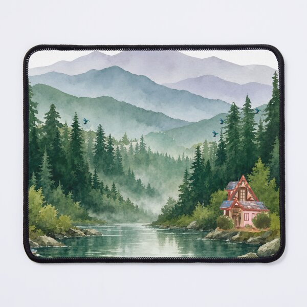Item preview, Watercolor Mountain Forest Cabin by River designed and sold by The.zonex.designs.