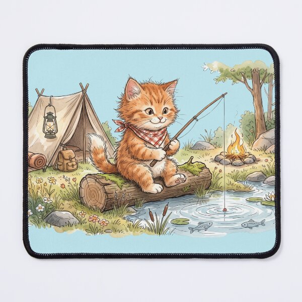 Item preview, Cute Watercolor Tabby Kitten Fishing Campfire Tent Art designed and sold by BreezifyDesignStudio.