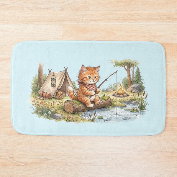 Item preview, Cute Watercolor Tabby Kitten Fishing Campfire Tent Art designed and sold by BreezifyDesignStudio.