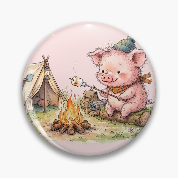 Item preview, Cute Watercolor Pig Roasting Marshmallow Campfire Tent Art designed and sold by BreezifyDesignStudio.