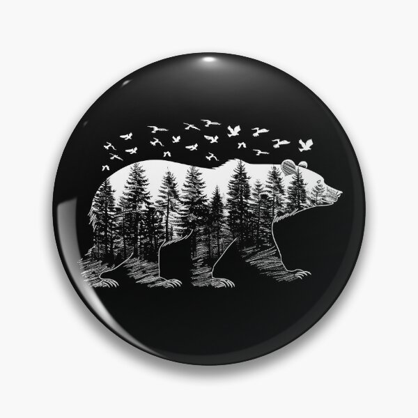 Item preview, Forest Bear Silhouette with Flying Birds – Black and White Nature Art designed and sold by inkoutninja.