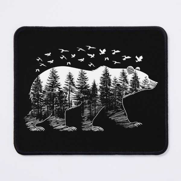 Item preview, Forest Bear Silhouette with Flying Birds – Black and White Nature Art designed and sold by inkoutninja.