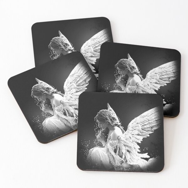 Item preview, Praying Angel with White Wings – Black and White Gothic Fantasy Art designed and sold by inkoutninja.