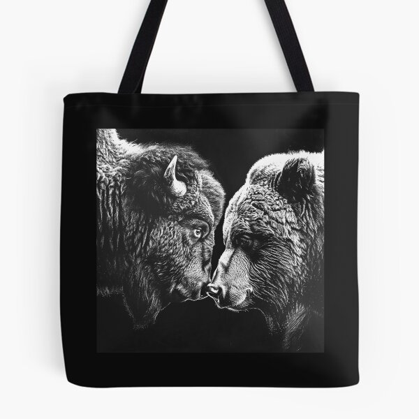 Item preview, Bear and Bison Face to Face – Black and White Wildlife Art designed and sold by inkoutninja.