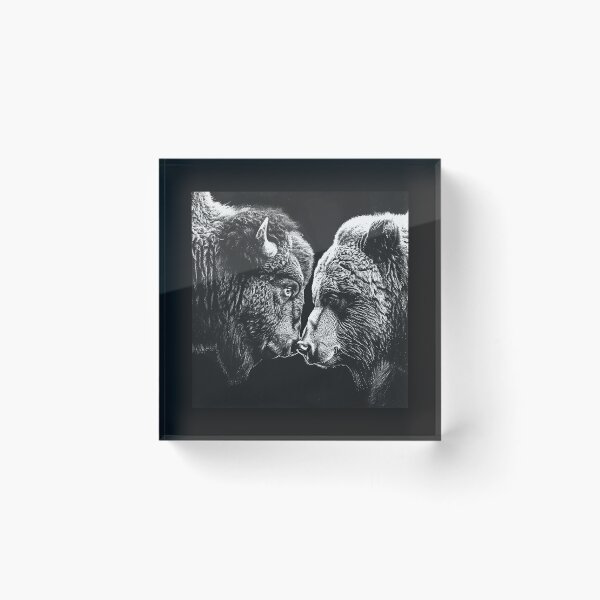 Item preview, Bear and Bison Face to Face – Black and White Wildlife Art designed and sold by inkoutninja.
