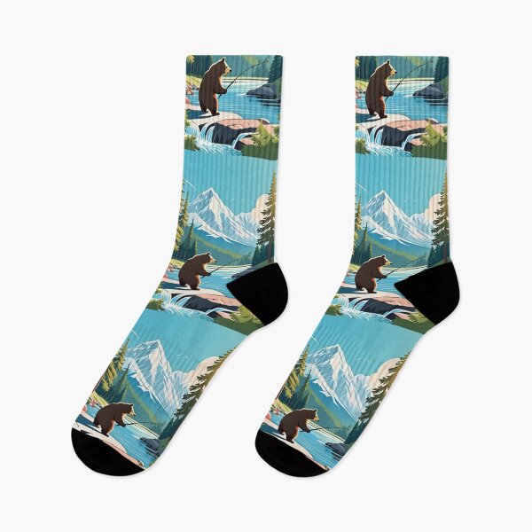 Item preview, Art - WPA Inspired Illustration, Fishing Bear and Mountain designed and sold by World-Pets.