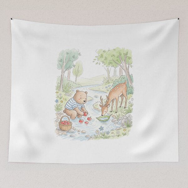 Item preview, Cute Bear and Deer Washing Fresh Fruit by Forest Stream designed and sold by TaiwanMemory.