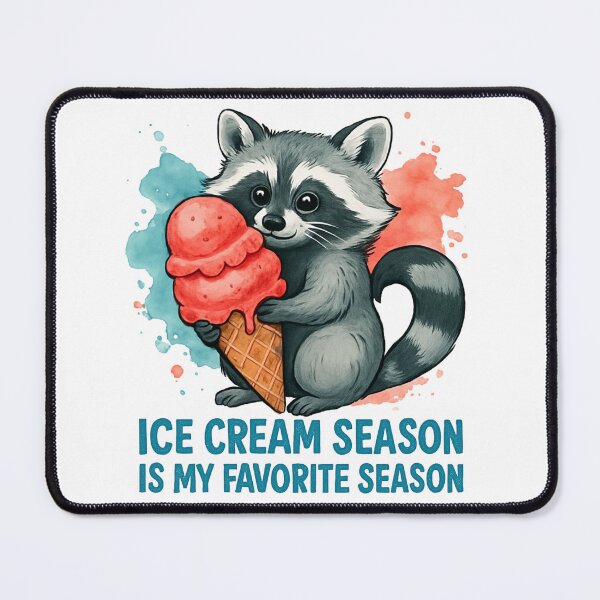 Aperçu de l'œuvre Un adorable raton laveur kawaii avec la citation amusante : « La saison des glaces est ma saison préférée ! » créée et vendue par MKTreasures.