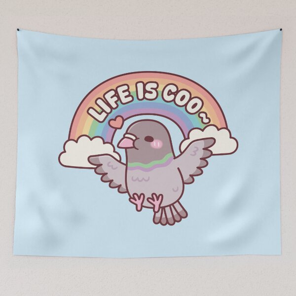 Item preview, Cute Pigeon Flying Among Rainbow Life Is Coo Pun Quote designed and sold by rustydoodle.