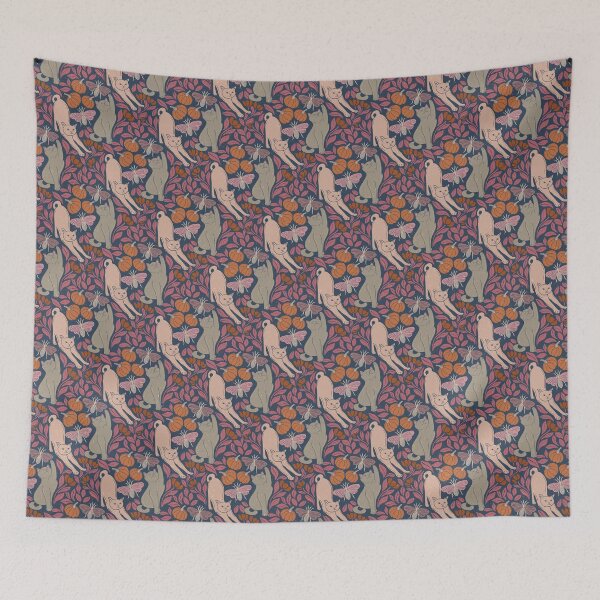 Item preview, Teal Folk Halloween Cat Moth Botanical Pattern designed and sold by DColourMuse.