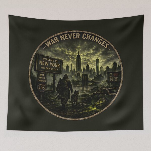 Item preview, War Never Changes - New York | Post Apocalyptic NYC Skyline | Wasteland Survivor & Dog | Dystopian Retro fallout Inspired Art designed and sold by RockyGameArt.