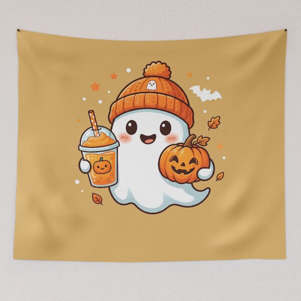 Item preview, Cute Halloween Ghost with Pumpkin and Autumn Drink Kawai designed and sold by fawzimorsy.
