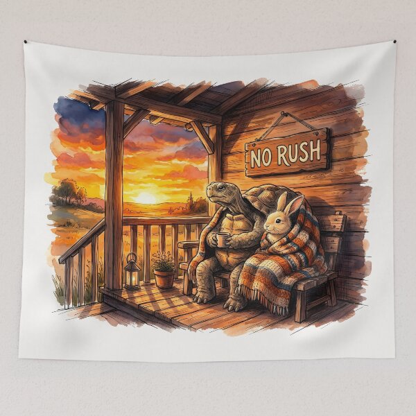Item preview, No Rush - Cozy Sunset Porch Turtle and Rabbit Art designed and sold by SoulPT.