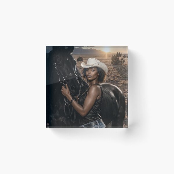 Item preview, Golden Hour Western Grace - Modern Cowgirl with Black Horse designed and sold by Bela Ambrus.