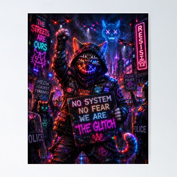 Item preview, Cyber Riot Cat – No System No Fear Neon Protest Street Art designed and sold by Neon Riot Studio.