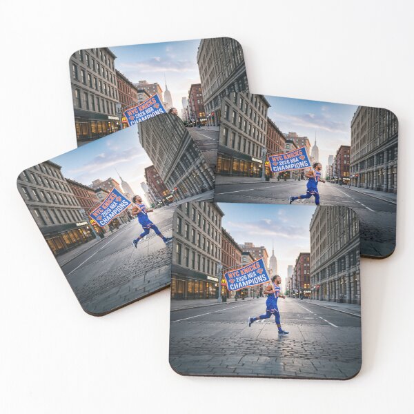 Item preview, Jalen Brunson Running With Knicks Banner In NYC designed and sold by Home Decor Art.