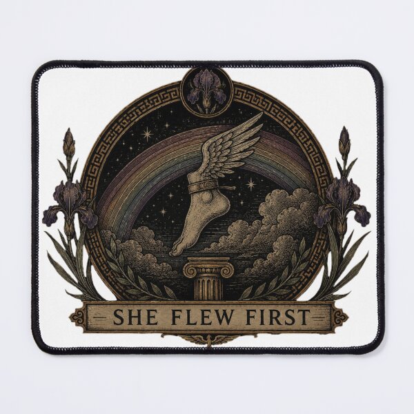 Item preview, She Flew First — Iris Greek Goddess Winged Foot Woodcut | Rainbow Mythology Design | Qorvun designed and sold by Qorvun.
