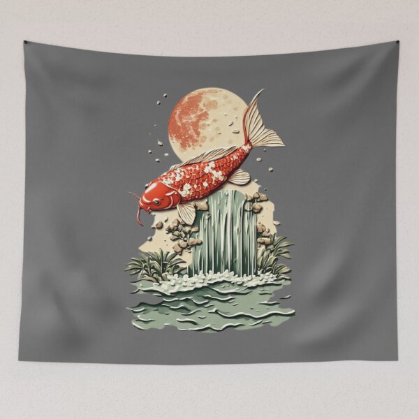 Item preview, Koi Fish Jumping Waterfall Under Moon | Elegant Japanese Icon 01 designed and sold by Shift-Bloom.