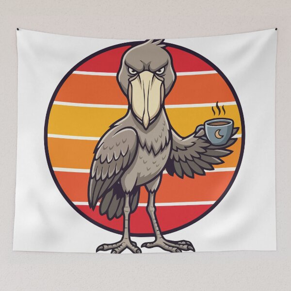 Item preview, Grumpy Shoebill Stork Drinking Coffee Retro 70s Sunset designed and sold by ArcApparel2020.
