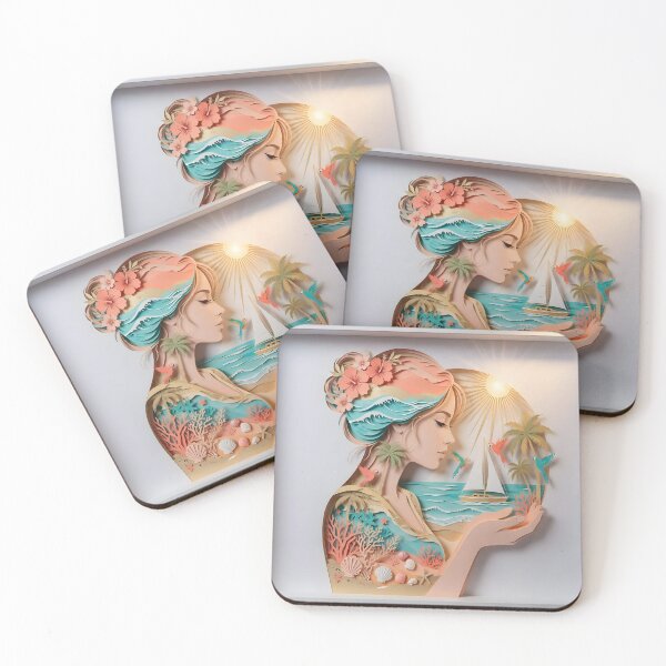 Item preview, Paper Cut Tropical Beach Woman Art | Sunny Ocean Layered Illustration designed and sold by DreamyWallVibes.