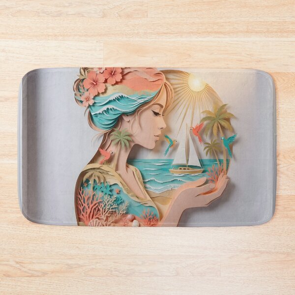 Item preview, Paper Cut Tropical Beach Woman Art | Sunny Ocean Layered Illustration designed and sold by DreamyWallVibes.