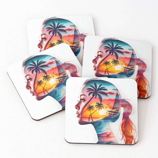 Item preview, Tropical Sunset Silhouette Woman | Vibrant Beach Double Exposure Art designed and sold by DreamyWallVibes.