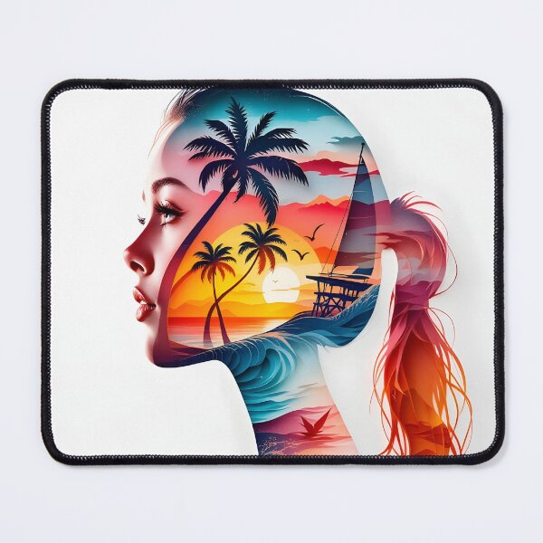 Item preview, Tropical Sunset Silhouette Woman | Vibrant Beach Double Exposure Art designed and sold by DreamyWallVibes.
